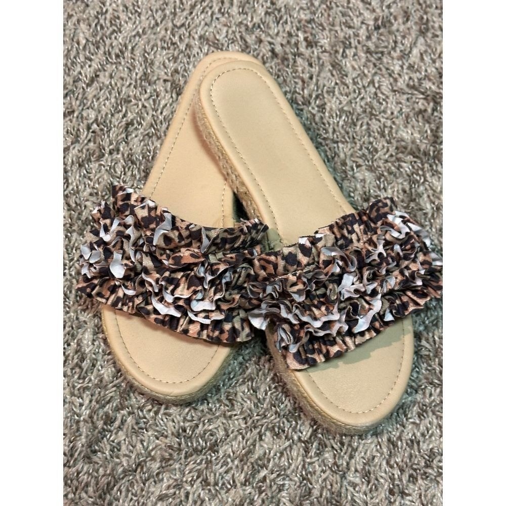 Leopard Print Ruffle Slide Sandals Espadrille Platform Summer Beach Shoes